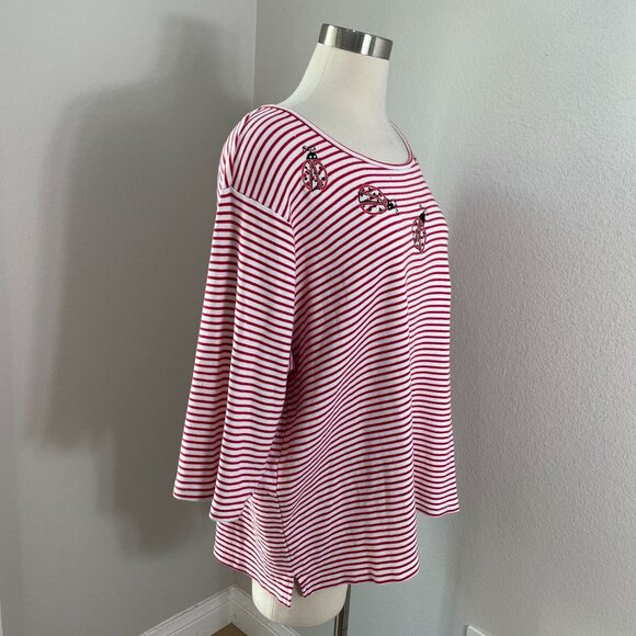 Quacker Factory Womens Plus 2X Red White Striped Ladybug Embroidered Top Shirt - Picture 3 of 10